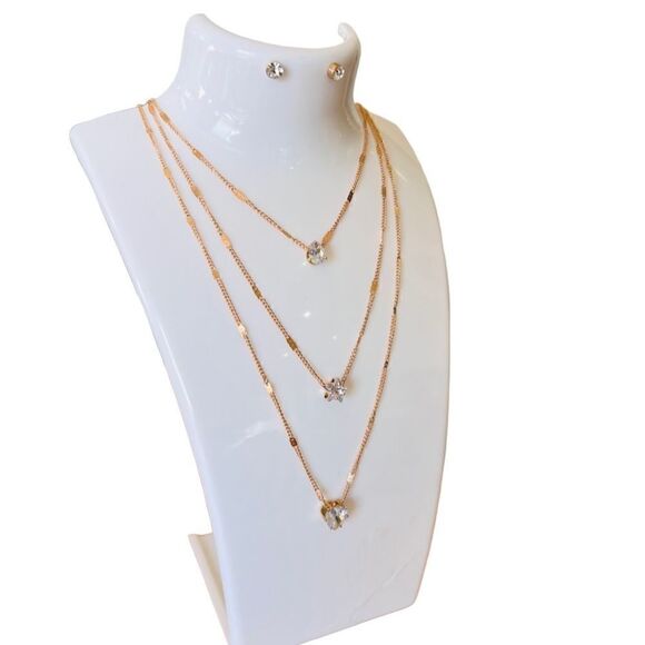 Jewelry set necklace and stud earrings layered rhinestones gold tone - Picture 1 of 9